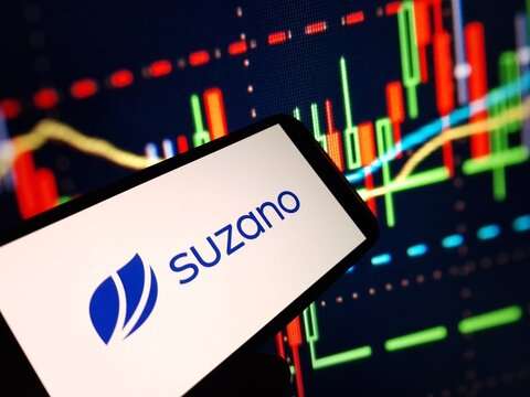 Konskie, Poland - February 09, 2024: Suzano company logo displayed on mobile phone