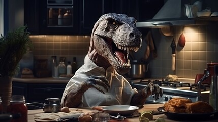 A scene where a dinosaur cooks food in the kitchen. Surreal - obrazy, fototapety, plakaty