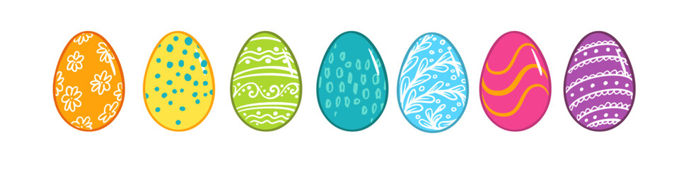 Easter painted eggs set. Symbol of Easter holiday. Vector bright rainbow colors eggs with pattern. Restaurant, cafe menu, holiday decoration, poster, greeting card,