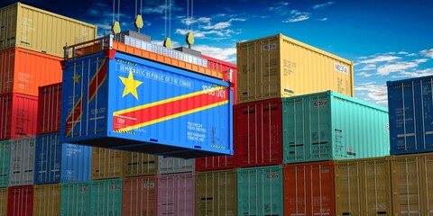 Fototapeta premium Freight shipping container with flag of Democratic Republic of the Congo on crane hook - 3D illustration