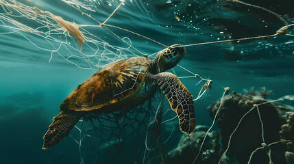 A turtle caught in a fishing net highlights the problem of marine life affected by human waste