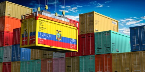 Fototapeta premium Freight shipping container with flag of Ecuador on crane hook - 3D illustration