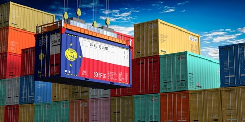 Fototapeta premium Freight shipping container with flag of Wake Island on crane hook - 3D illustration