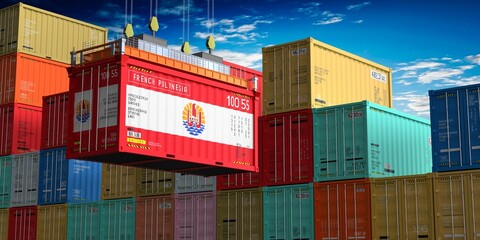 Fototapeta premium Freight shipping container with flag of French Polynesia on crane hook - 3D illustration