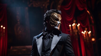 Close-up of a masked man during a performance or masquerade or at the theater - obrazy, fototapety, plakaty