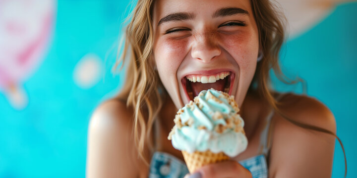 Junge Frau h&auml;lt ein leckeres Eis in der Hand. Sommerstimmung kommt auf.