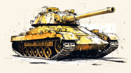 A striking watercolor sketch of a tank with yellow gray lines