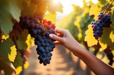 a woman's hand plucks a bunch of grapes, bunches of grapes hang from a branch, a grape plantation,...