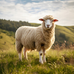 Captivating Portrait of a Grazing Ewe Basking in the Serene Grandeur of the Countryside