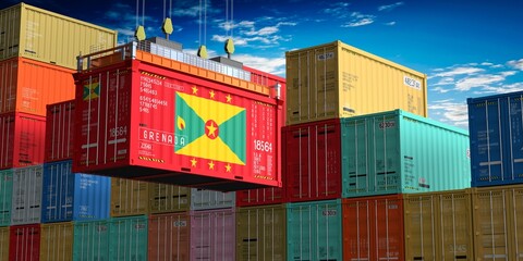 Freight shipping container with flag of Grenada on crane hook - 3D illustration