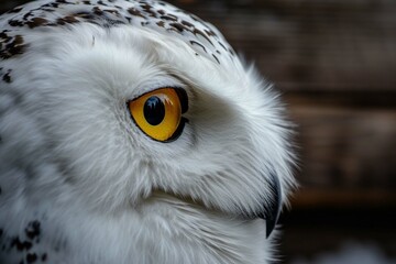 Close up snowy owl eye with wooden background 
