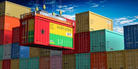 Freight shipping container with flag of Guinea Bissau on crane hook - 3D illustration