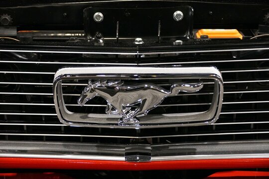 Philadelphia, Pennsylvania, U.S - January 14, 2024 - The front tag and silver grille of the 1965 Ford Mustang