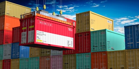 Freight shipping container with flag of Indonesia on crane hook - 3D illustration © PX Media
