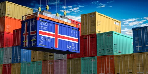 Freight shipping container with flag of Iceland on crane hook - 3D illustration