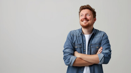 Cheerful young man with crossed arms and a contagious smile, radiating positivity and confidence in a stylish casual outfit against a gray background with copy space fot text