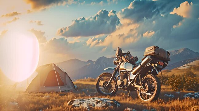 sunset on the bike, adventurous side of motorcycle travel with an image showcasing a rider set up for camping in the wilderness