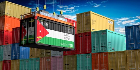 Fototapeta premium Freight shipping container with flag of Jordan on crane hook - 3D illustration