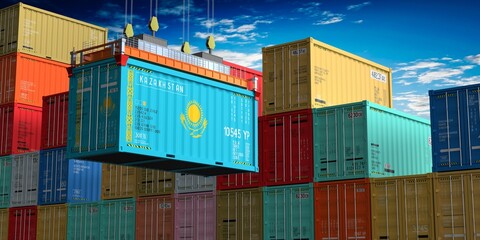 Fototapeta premium Freight shipping container with flag of Kazakhstan on crane hook - 3D illustration