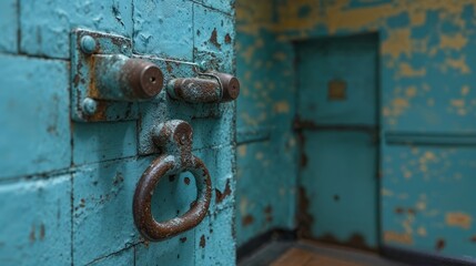 Prison building interior, empty jail cell, security bars cage