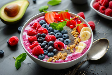 Smoothie bowl topped with a variety of berries, banana slices, and nutritious seeds