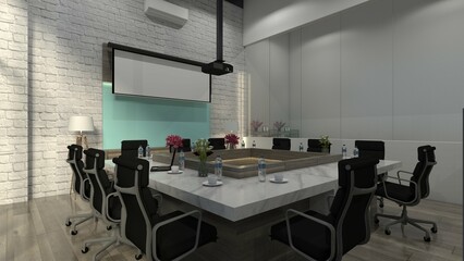 Modern Meeting Room Design with Marble Island Table in the Middle