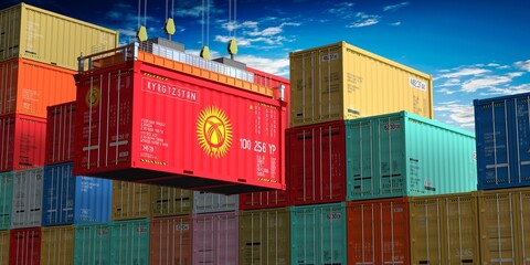 Freight shipping container with flag of Kyrgyzstan on crane hook - 3D illustration
