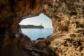 Leuchtturm in Portocolom, Cova Foradada, Mallorca, Balearen, Spanien