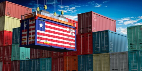 Freight shipping container with flag of Liberia on crane hook - 3D illustration