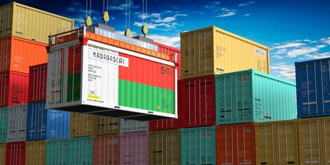 Freight shipping container with flag of Madagascar on crane hook - 3D illustration