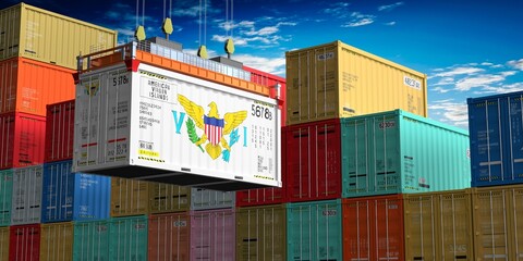 Freight shipping container with flag of American Virgin Islands on crane hook - 3D illustration