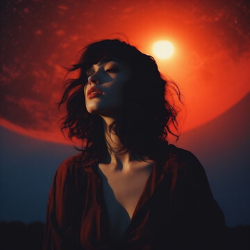 Mujer en otro planeta , fondo rojo