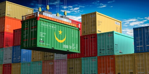 Freight shipping container with flag of Mauritania on crane hook - 3D illustration