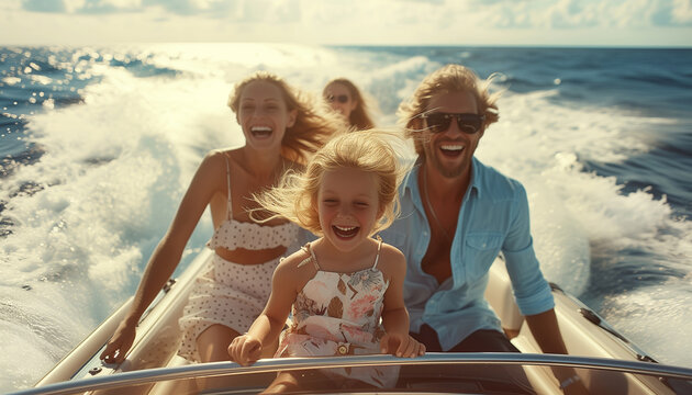 Beautiful smiling blonde girl with waving hairs on the strong wind with a mom and dad having ocean bay journey driving motor fast speedboat. Happiness, family values, summer vacations concept image.