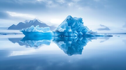 Fototapeta na wymiar Blue iceberg reflected in the water, mountains rising out of the mist, Joekulsarlon, glacier lagoon, Scandinavia, Iceland
