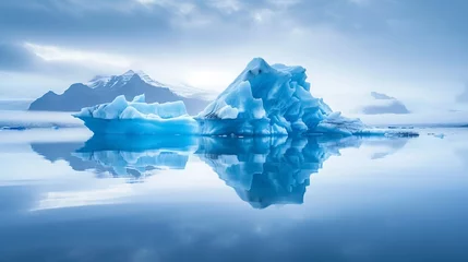 Printed roller blinds Reflection Blue iceberg reflected in the water, mountains rising out of the mist, Joekulsarlon, glacier lagoon, Scandinavia, Iceland