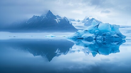 Fototapeta na wymiar Blue iceberg reflected in the water, mountains rising out of the mist, Joekulsarlon, glacier lagoon, Scandinavia, Iceland