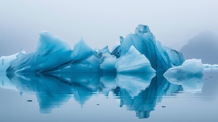 Blue iceberg reflected in the water, mountains rising out of the mist, Joekulsarlon, glacier lagoon, Scandinavia, Iceland