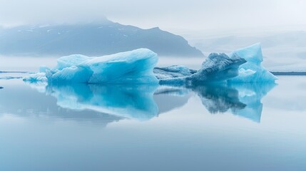 Blue iceberg reflected in the water, mountains rising out of the mist,  glacier lagoon, Scandinavia, Iceland