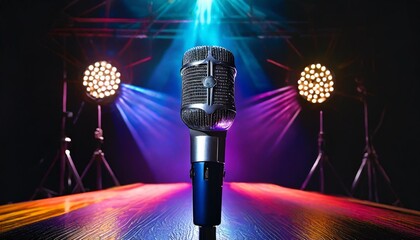 a monochromatic studio scene with a microphone bathed in soft, directional lighting, meticulous details, and intense expressions. Cinematic atmosphere and focused faces