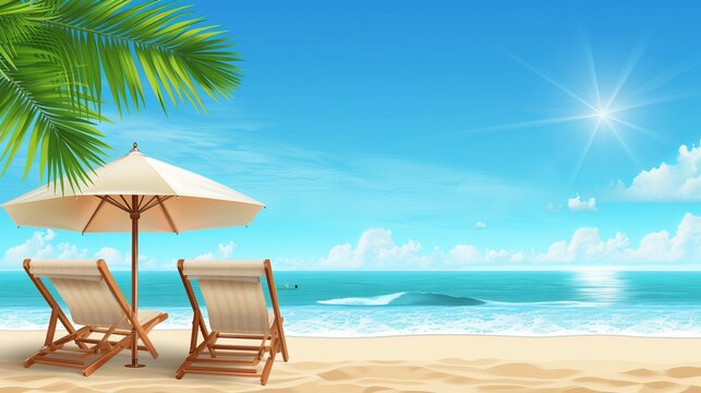 Dream resort banner in 3d realistic style with two beach chair and umbrella. Vector illustration