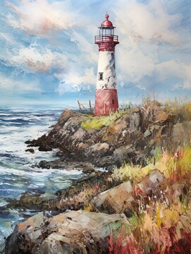 Vintage Lighthouse Views: Acrylic Landscape Art Depicting a Serene Seaside Scene