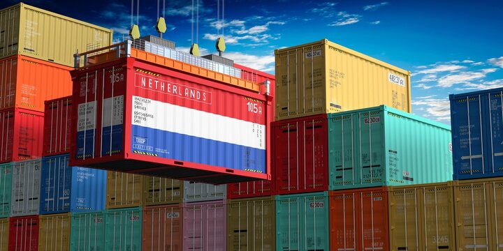 Freight shipping container with flag of Netherlands on crane hook - 3D illustration