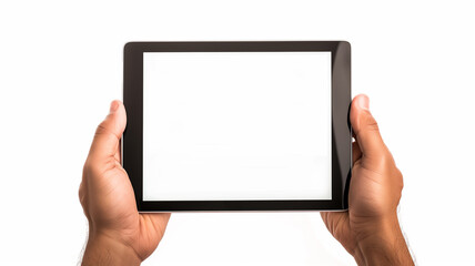 Hands holding a tablet with a blank white screen