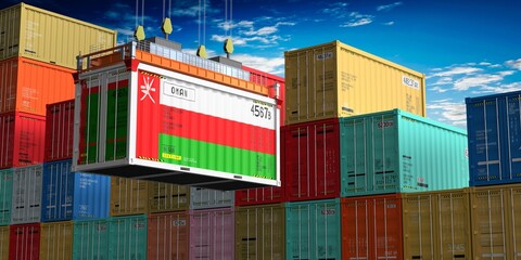 Freight shipping container with flag of Oman on crane hook - 3D illustration
