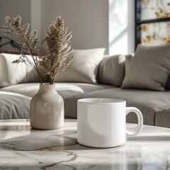 Fototapeta na wymiar White mug mockup in living room setting. Cup of tea on armrest table in room.