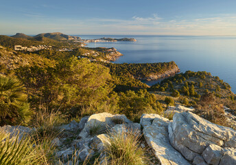 Blick vom Cap Vermell nach Norden, Mallorca, Balearen, Katalonien, Spanien - obrazy, fototapety, plakaty