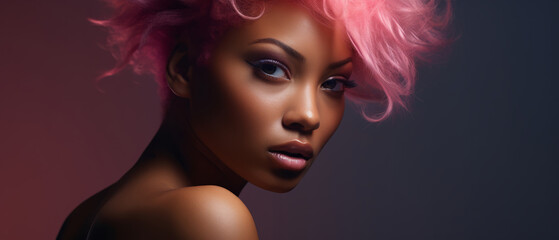 A close-up portrait of a beautiful young African American woman with pink hair