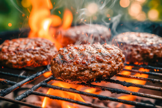 Beef hamburger patties sizzling on the barbecue