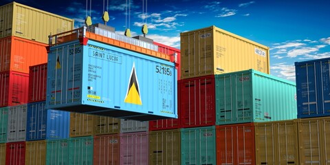Freight shipping container with flag of Saint Lucia on crane hook - 3D illustration